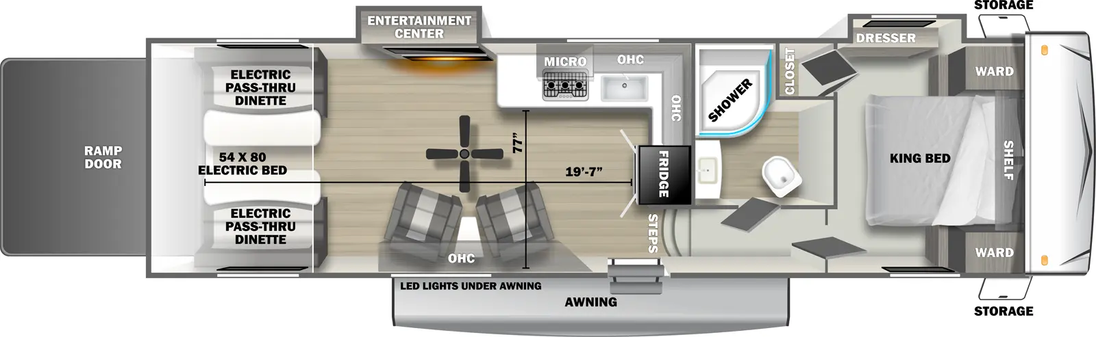 The 3300SRT fifth wheel has 2 slide outs on the off-door side, 1 entry door and 1 rear ramp door. Exterior features include an awning with LED lights and front opposing side storage access. Interior layout from front to back includes front bedroom with foot-facing King bed, shelf over the bed, front corner wardrobes, front facing closet and off-door side slideout holding a dresser; off-door side bathroom with radius shower, toilet and single sink vanity; 3 steps down into the kitchen area with off-door side L-shaped countertop, stovetop, L-Shaped overhead cabinets, sink and rear facing refrigerator; 2 door side recliners with end table; ceiling fan; off-door side slideout holding and entertainment center; and rear 54 x 80 electric bed over electric pass-through dinette. Cargo length from rear of unit to refrigerator is 19 ft. 7 in. Cargo width from countertop to door side wall is 77 inches.